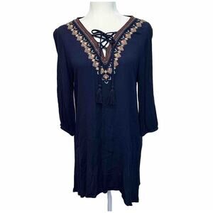 Size Large Floral Embroidered Peasant Dress Boho Blue Mini‎ Stretch Tassels 3/4
